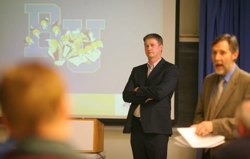 Brandon Sun Brandon University current acting Athletics Director and men's volleyball coach Russ Paddock listens during his introduction prior to his public presentation for the position of Athletics Director at BU on Wednesday afternoon. (Bruce Bumstead/Brandon Sun)