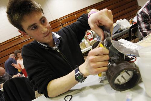 March 17, 2012 - 120317  -  Gabriel Baer from Crystal Springs works on his robot "Waffle" prior to a battle with another robot in the 17th annual Manitoba Robot Games at Tec Voc High School Saturday March 17, 2012.    John Woods / Winnipeg Free Press