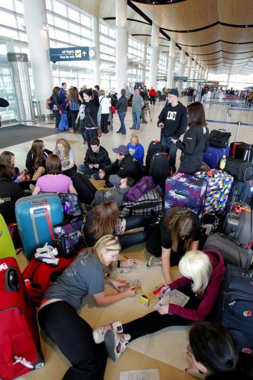 Students from Carberry Collegiate wait for their flight to Toronto, which was cancelled because of the wildvcat strike in Toronto by Air Canada employees. They were going to Greece over spring break for a class trip.  March 23, 2012  BORIS MINKEVICH / WINNIPEG FREE PRESS