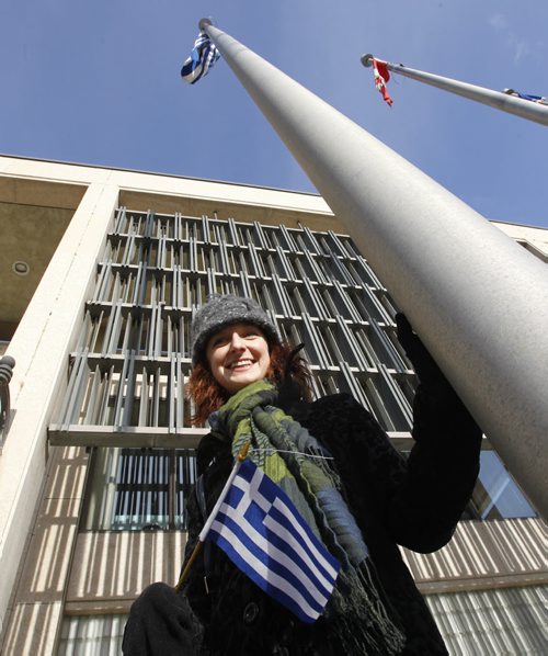 The Greek flag was raised at City Hall Monday morning after Greek Community Vice President Maria Mitousis said a few words to a small group on hand to observe Greek Independence Day.¤ The Greek Revolution is commemorated on 25 March every year to mark the start of the war of independence.  .see release .   (WAYNE GLOWACKI/WINNIPEG FREE PRESS)  Winnipeg Free Press  March 26 2012