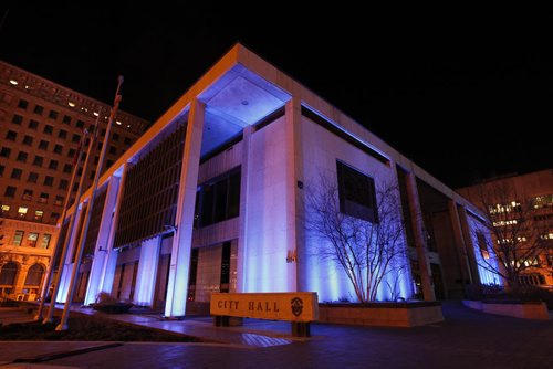 April 2, 2012 - 120402  - City Hall is lit up in blue in support of World Autism Day Monday April 2, 2012.  John Woods / Winnipeg Free Press