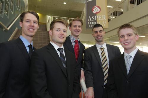 U of M business students Brian Hood, Tyson Morris, Michael Stone, Jordan Flynn, and Kevin Reznik pose for a photo in the Asper School of Business at the U of M. They won a contest and will be going to New York City next week to compete in a bigger competition. April 5, 2012  BORIS MINKEVICH / WINNIPEG FREE PRESS
