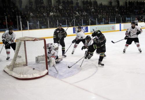 120407 - Kajon McKay (22) from the Portage Terriers scores the tying goal against the Winnipeg Saints in the 3rd period of game 4 of the MJHL final. The Portage Terriers still fell short to a 3-1 final to the Winnipeg Saints.  Portage leads the best of seven 3 to 1.  Darcy Finley / Winnipeg Free Press