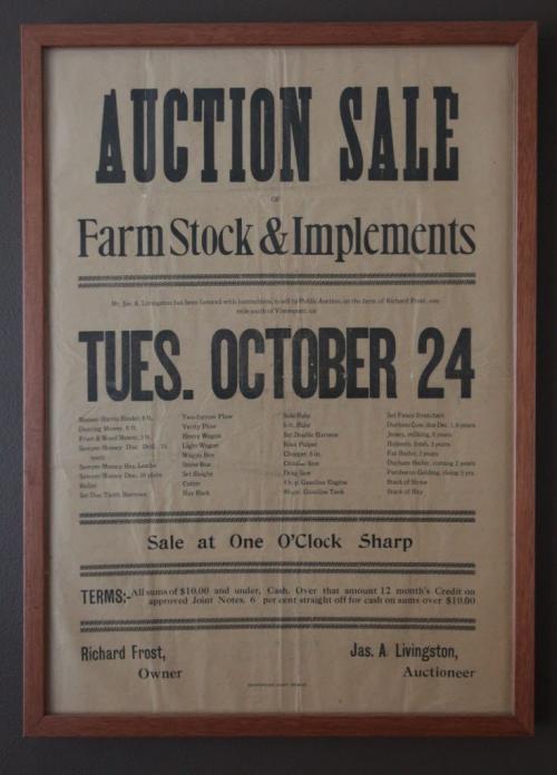 A poster announcing the sale of Rick Frost's grandpas farm.  Rick Frost, CEO of Winnipeg Foundation, grandpa Richard Frost was one of the Home Children sent to Canada at age 12. See Carol Sanders story for UK FYI 120412 April 12, 2012 Mike Deal / Winnipeg Free Press