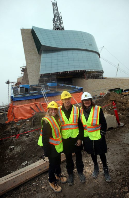 Entertainment mogul David Steinberg (center) his wife Robyn and  Gail Asper (right) pose after a tour of the Canadian Museum for Human Rights Friday. See Dan Lett story. April 13, 2012 - (Phil Hossack / Winnipeg Free Press) CMHR