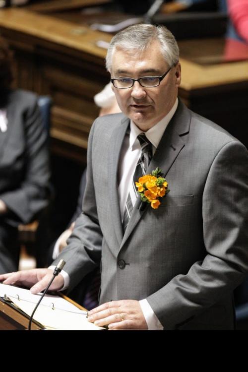Manitoba's Finance Minister Stan Struthers tables the 201insider in the Legislative Assembly. 120417 April 17, 2012 Mike Deal / Winnipeg Free Press
