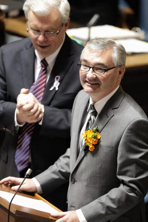 Manitoba's Finance Minister Stan Struthers tables the 201insider in the Legislative Assembly to a standing ovation Tuesday afternoon.  120417 April 17, 2012 Mike Deal / Winnipeg Free Press