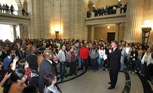 Andrew Swan, Minister of Justice and Attorney General addresses large crowd in the Rotunda in the ¤Manitoba Legislative Bld. Thursday opposing the federal changes to the immigration program. Bruce Owen, Dan Lett or Larry Kusch stories (WAYNE GLOWACKI/WINNIPEG FREE PRESS) Winnipeg Free Press  April 19 2012. NDP MLA Christine Melnick recently demoted from cabinet has lashed out at Premier Greg Selinger over his denial of knowledge of an invitation to immigrant groups to attend a controversial legislative debate almost two years ago.