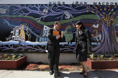 April 20, 2012 - 120420  -  Olivia Chow, MP and wife of the late NDP leader Jack Layton, visited with principal Vinh Huynh of Hugh John McDonald School Friday April 20, 2012 to see a student mural which includes the words of Jack Layton.    John Woods / Winnipeg Free Press