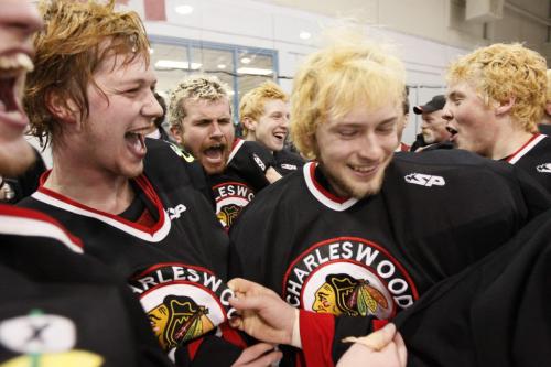 April 120, 2012 - 120420  - Charleswood Hawks celebrate their championship win over the Fort Garry Twins in game six of the MMJHL finals at St James Civic Centre Friday, April 20, 2012.   John Woods / Winnipeg Free Press