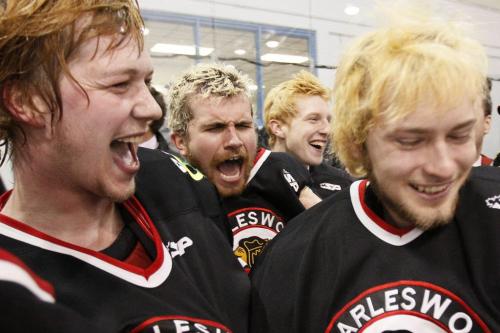 April 120, 2012 - 120420  - Charleswood Hawks celebrate their championship win over the Fort Garry Twins in game six of the MMJHL finals at St James Civic Centre Friday, April 20, 2012.   John Woods / Winnipeg Free Press