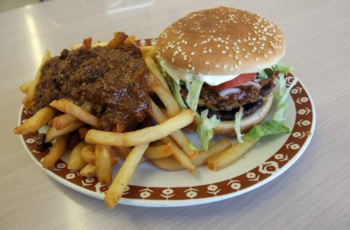 A&V Drive Inn- 1200 Chevier Blvd- Fatboy and Fries with chili plate- See David Sandersons Icon Column- Apr 23, 2012   (JOE BRYKSA / WINNIPEG FREE PRESS)