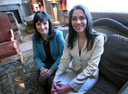 Marina James, President and CEO of the Economic Development Winnipeg Inc. with , left, with board chair Mary Jane Loustel at luncheon Tuesday at the Hotel Fort Garry - See Martin Cash Story- Apr 24, 2012   (JOE BRYKSA / WINNIPEG FREE PRESS)