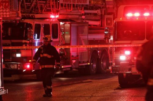 A two-alarm fire call at 287 Broadway blocked west-bound traffic on Broadway early Wednesday evening. There were no signs of fire at the building which is under construction.  120425 April 25, 2012 Mike Deal / Winnipeg Free Press
