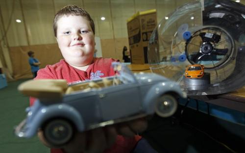 Thomas Rosendahl, 10, a grade 5 student from the Laureate Academy with his wind tunnel science project called Amazing Aerodynamics, at the Provincial Science Fair in the Max Bell Fieldhouse, at the University of Manitoba, Thursday April 26, 2012. (TREVOR HAGAN/WINNIPEG FREE PRESS)