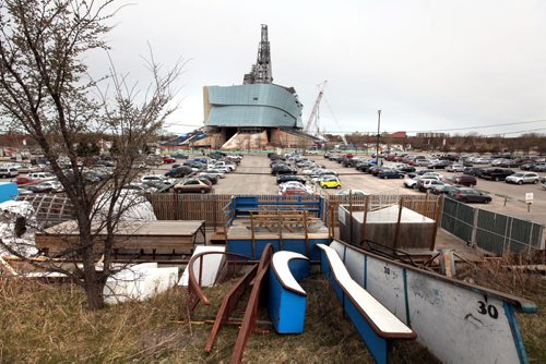 Photo of the Canadian Museum of Human Rights from the Via Rail Station looking East.   Story by Gordon Sinclair April 27,  2012 (Ruth Bonneville/Winnipeg Free Press) CMHR