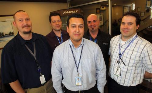 Grads of a leadership and succession program at Boeing. Rob Reimer, Chris Stockburn, Randy Villacis, Darcy Lafond, and Cory Clark pose for a photo at the Murray Park Boeing plant. April 27, 2012  BORIS MINKEVICH / WINNIPEG FREE PRESS