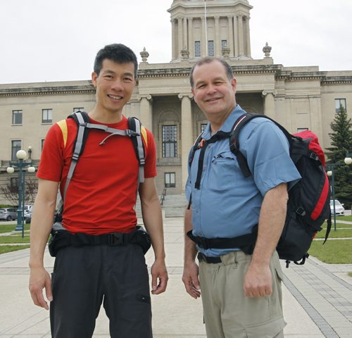 At right, Healthy Living Minister Jim Rondeau and his partner Dennis Tam will be  embarking on the El Camino or The Way of St. James in August. It is  a walk of 30 kms. a day for 30 straight days.  Doug Speirs story  (WAYNE GLOWACKI/WINNIPEG FREE PRESS) Winnipeg Free Press  May 1 2012
