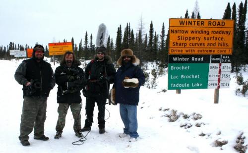 Left to right- Willy with director of photography Dave Gaudet, lighting technician Kevin Bacon and fellow TV host and longtime friend Jay McLeod at the onset of the winter road to Tadoule Lake. 2012 Paul Williamson / Winnipeg Free Press