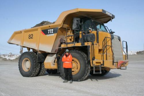 Matt Delaronde with his massive Caterpillar dump truck. He actually let Willy drive. 2012 Paul Williamson / Winnipeg Free Press