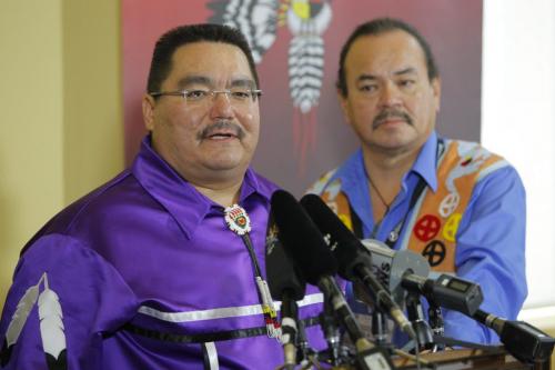 Press conference for flood compensation cases , re: Fist Nations. Grand Chief Glenn Hudson, Peguis talks as Grand Chief Morris J. Shannacappo, Southern Chief Office stands in the background. May 1st, 2012 BORIS MINKEVICH / WINNIPEG FREE PRESS