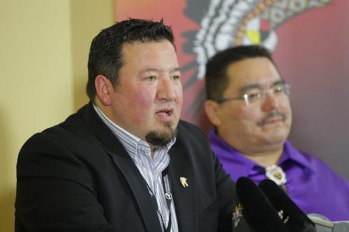 Press conference for flood compensation cases , re: Fist Nations. Grand Chief Derek Nepinak, Assembly Manitoba Chiefs.  Southern Chief Office stands in the background. May 1st, 2012  BORIS MINKEVICH / WINNIPEG FREE PRESS