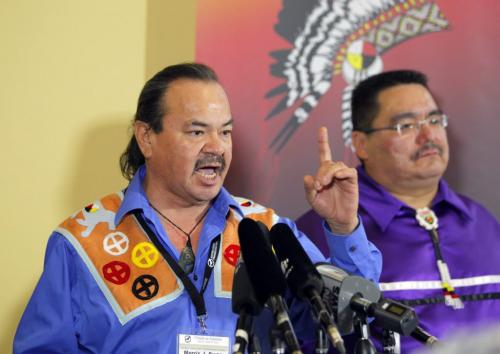Press conference for flood compensation cases , re: Fist Nations. Grand Chief Morris J. Shannacappo, Southern Chief Office speaks to media. In behind him is Peguis chief Glenn Hudson. May 1st, 2012  BORIS MINKEVICH / WINNIPEG FREE PRESS