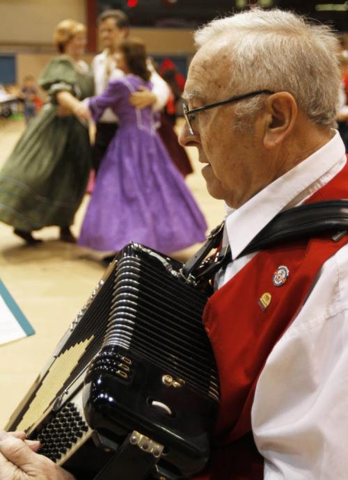 Roman Soble plays the accordion during a demonstration of English country dancing at the Red River Heritage Fair on Thursday. May 03, 2012.  SARAH O. SWENSON  /  WINNIPEG FREE PRESS
