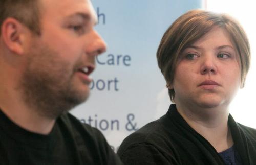 Erin Brunel looks at her husband Rob as the couple talks to the media at CancerCare Manitoba. The Brunel family lost their Ste. Rose home in a fire while they were in Winnipeg with their two-year-old son who is battling leukemia.    120503 - Thursday, May 03, 2012 -  Melissa Tait / Winnipeg Free Press