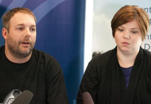 Rob and Erin Brunel speak to the media at CancerCare Manitoba. The Brunel family lost their Ste. Rose home in a fire while they were in Winnipeg with their two-year-old son who is battling leukemia.    120503 - Thursday, May 03, 2012 -  Melissa Tait / Winnipeg Free Press