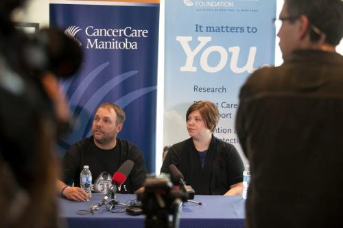 Rob and Erin Brunel speak to the media at CancerCare Manitoba. The Brunel family lost their Ste. Rose home in a fire while they were in Winnipeg with their two-year-old son who is battling leukemia.    120503 - Thursday, May 03, 2012 -  Melissa Tait / Winnipeg Free Press