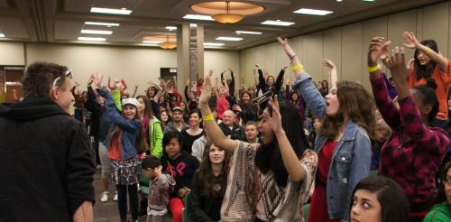 Contestants cheer for show judge Mark Spicoluk prior to auditions for YTV's The Next Star, a talent-based reality show for kids aged 15 and under. Hundreds of kids lined up for hours at the Winnipeg Convention Centre on Saturday to audition for the judges. 120505 - Saturday, May 05, 2012 -  Melissa Tait / Winnipeg Free Press