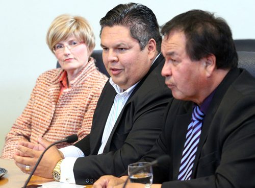 Brandon Sun Mayor Shari Decter Hirst Allan McLeod, president and CEO of Tribal Council Investment Group (centre) and Frank Turner community business development manager during an interview in city council chambers, Wednesday evening. (Colin Corneau/Brandon Sun)