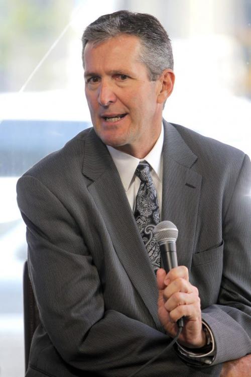 Brian Pallister at the Free Press Cafe. Interviewed by Dan Lett. May 10, 2012  BORIS MINKEVICH / WINNIPEG FREE PRESS