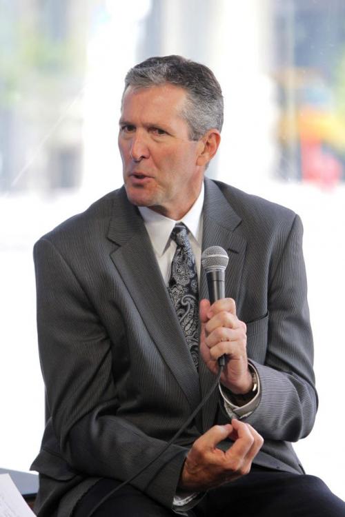 Brian Pallister at the Free Press Cafe. Interviewed by Dan Lett. May 10, 2012  BORIS MINKEVICH / WINNIPEG FREE PRESS