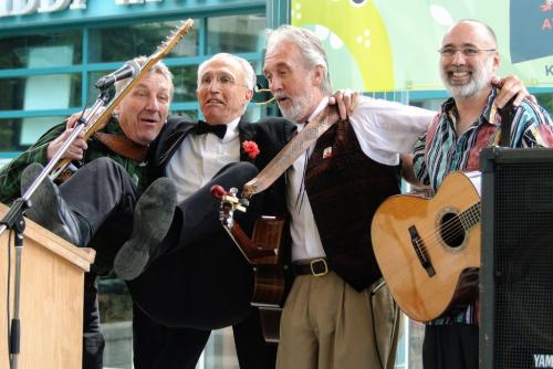 (l-r) Paul O'Neill, Al Simmons, Fred Penner and Jake Chenier take a bow after performing the Kidsfest Song during the Heroes of the Kidfest press conference at the Forks. The Kidsfest is celebrating its 30th year by highlighting longstanding supporters and organizers.  120516 May 16, 2012 Mike Deal / Winnipeg Free Press