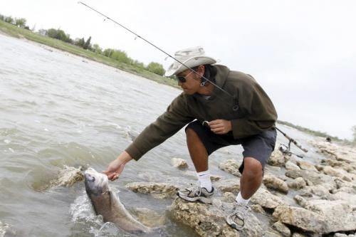 Daniel Morcilla of Winnipeg releases a carp back into the Red River during an afternoon of fishing in Lockport, MB. May 16, 2012. SARAH O. SWENSON / WINNIPEG FREE PRESS