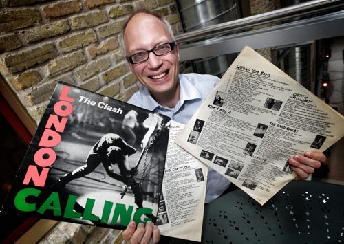 Kenton Larsen, an instructor at RRC holds the 1979 double album from the Clash, London Calling.  See David Sanderson story  120522 May 22, 2012 Mike Deal / Winnipeg Free Press