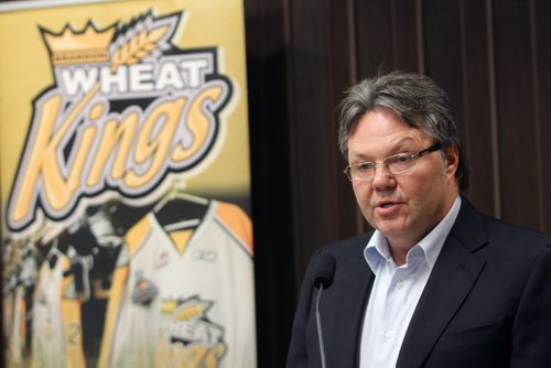 Brandon Sun 23052012 Brandon Wheat Kings owner and general manager Kelly McCrimmon speaks to the media during a press conference with Keystone Centre general manager Neil Thomson at the Keystone Centre on Wednesday announcing a new agreement between the Wheat Kings and the Keystone Centre. (Tim Smith/Brandon Sun)