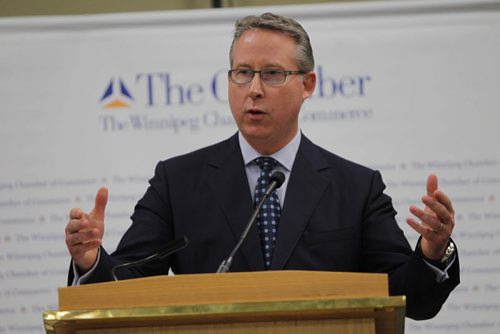 Paul Mahon, president of Great-West Life Assurance Co. is talking about the history of the company and the challenges it currently faces in the economic uncertainties of the last few years to a luncheon for the Chamber of Commerce. May 24, 2012  BORIS MINKEVICH / WINNIPEG FREE PRESS