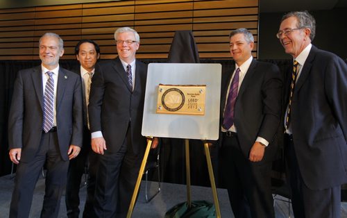 Thomas Mueller, president and CEO, Canada Green Building Council, Bruce Kuwabara, KPMB Architects, Premier Greg Selinger, Scott A. Thomson, president and CEO, Manitoba Hydro,and Dudley Thompson, Prairie Architects wit the award. Manitoba Hydro Place, 360 Portage Ave., is recognized with LEED Platinum Award. May 24, 2012  BORIS MINKEVICH / WINNIPEG FREE PRESS