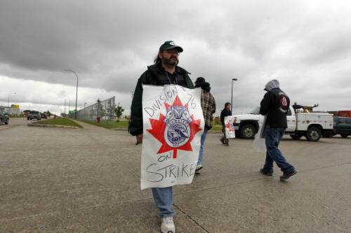CP Rail employees that are on strike picket the Keewatin entrance to the CP Intermodal rail yards. May 28,  2012  BORIS MINKEVICH / WINNIPEG FREE PRESS