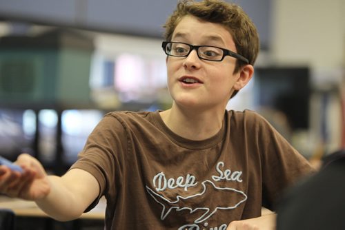 Noah responds in a group discussion project in class. See Doug Speirs story Windsor School 2017 project. May 28  2012 (Ruth Bonneville/Winnipeg Free Press)