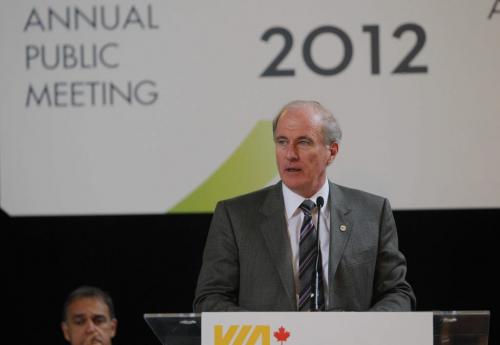 Marc Laliberté, President and Chief Executive Officer of VIA Rail speaks at Union Station in Winnipeg Tuesday afternoon. Boris Minkevich / Winnipeg Free Press May 29, 2012