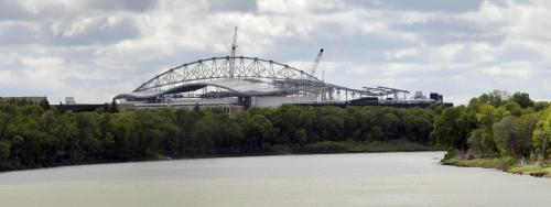 The new Investors Group Stadium viewed from across the Red River on River Road. This is a panoramic photograph that is made up of many photos that have been stitched together to create a long wide photo. The panorama image is not meant to capture a specific moment in time, as a conventional photograph does. It captures an environment over a few seconds. Elements were not added nor remove from a scene. May 29,  2012  BORIS MINKEVICH / WINNIPEG FREE PRESS