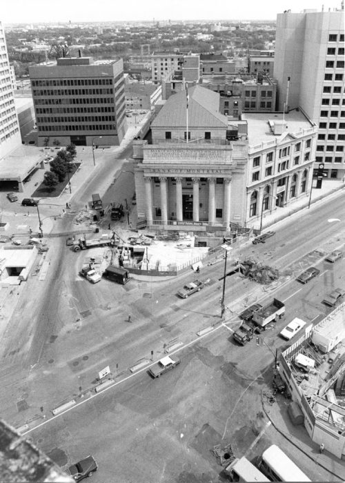 Wayne Glowacki / Winnipeg Free Press Archives Portage Avenue and Main Street May 30, 1978 PortageMain City crews begin street pavement reconstruction Monday in the Portage Avenue and Main Street area. Work includes putting in new pavement, replacing existing sidewalks with interlocking paving stone walks and upgrading of street lighting on Main Street from Graham Avenue to Lombard Avenue and on Portage Avenue from Fort Street to about 150 feet east of Main, During this first stage of the project, two-way traffic on Main is confined to the west side and Portage Avenue East is closed. The reconstruction work is expected to be completed in 14 weeks.