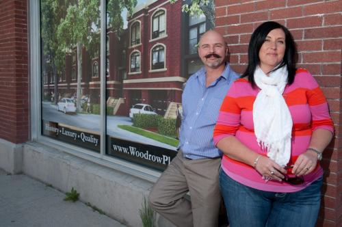 Fresh Projects President Sean Fehr and Vice President Janice Froese stand in front of plans to transform five buildings on Woodrow Place in the Wolseley area of Winnipeg. (Photo by Cole Breiland/ Winnipeg Free Press) Winnipeg Free Press