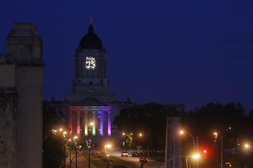 The Manitoba Legislative Building was lit up to celebrate the 25th anniversary of the Pride Festival, Friday, June 1, 2012. (TREVOR HAGAN/WINNIPEG FREE PRESS)