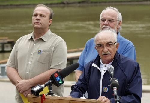 South Basin Mayors and Reeves   along with Lake Friendly Practices working Group  has come up with practices to reduce the amount  of nutrients entering the waterways of Manitoba  and Lake Winnipeg Äì the  three mayors LtoR Steve Strang  Mayor of St. Clement , Don Forfar Reeve of St.Andrews , and Rick Gamble Mayor of Dunnotar (speaking)  at Forks newser Äì Bruce  Owen story  KEN GIGLIOTTI  / WINNIPEG FREE PRESS  /  June 13 2012