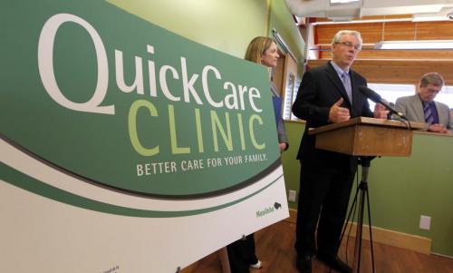 Manitoba Premier Greg Selinger answers questions at a press conference(Quick Care Clinic announcement).  To the left is Erin Selby,  Minister of Advanced Education and Literacy. June 13, 2012  BORIS MINKEVICH / WINNIPEG FREE PRESS